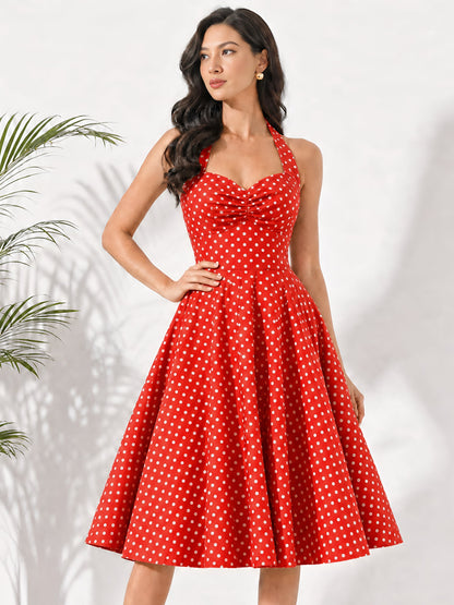 Vintage Polka Dot Halter Neck Backless Swing Dress