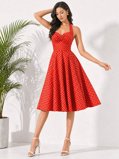 Vintage Polka Dot Halter Neck Backless Swing Dress