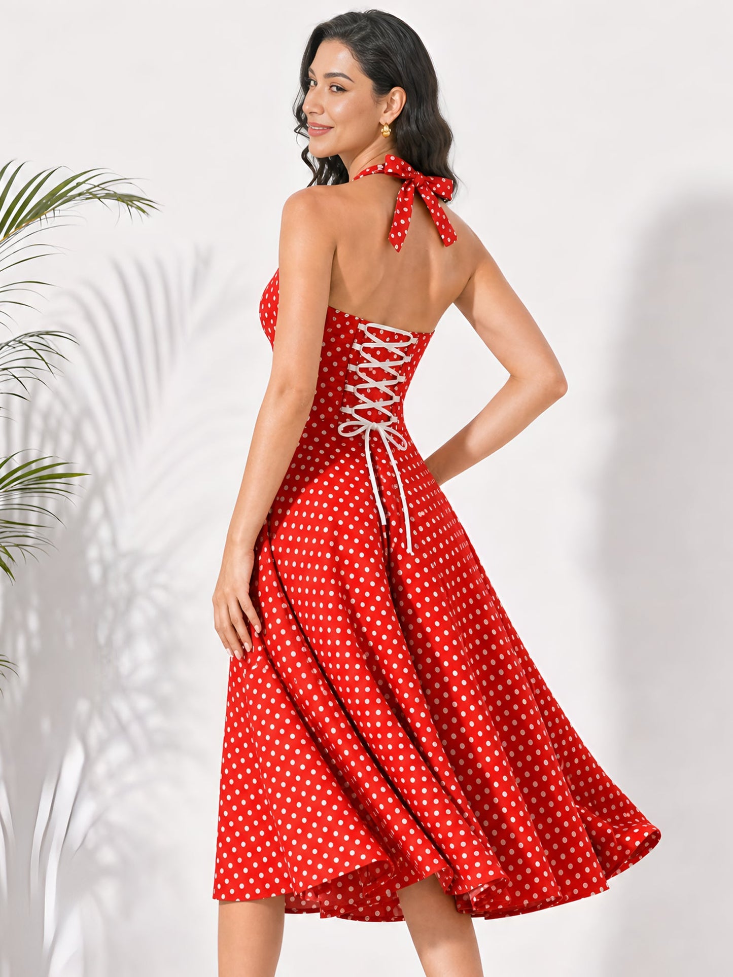 Vintage Polka Dot Halter Neck Backless Swing Dress