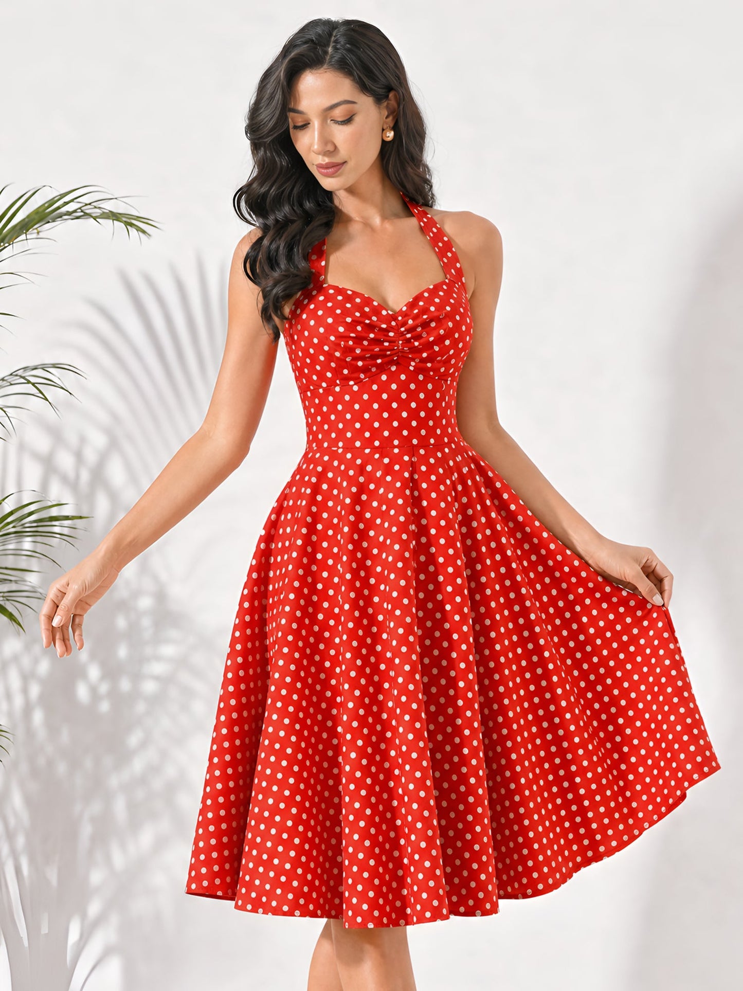 Vintage Polka Dot Halter Neck Backless Swing Dress