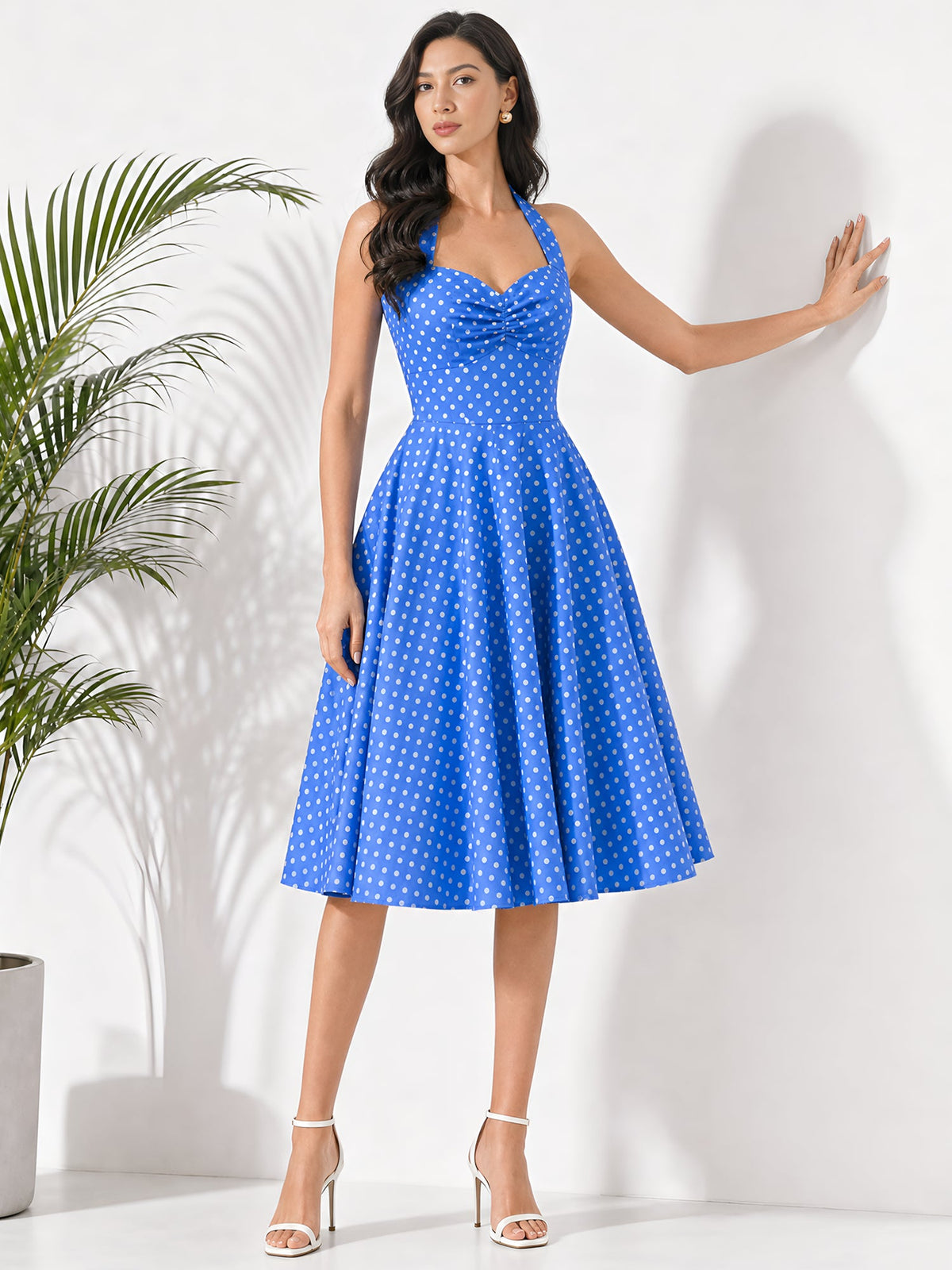 Vintage Polka Dot Halter Neck Backless Swing Dress