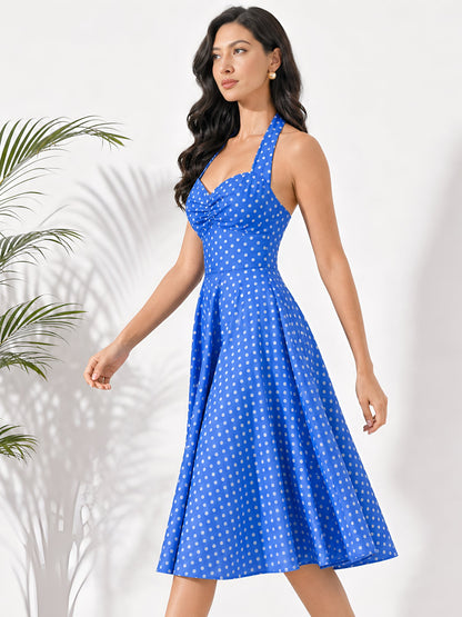 Vintage Polka Dot Halter Neck Backless Swing Dress