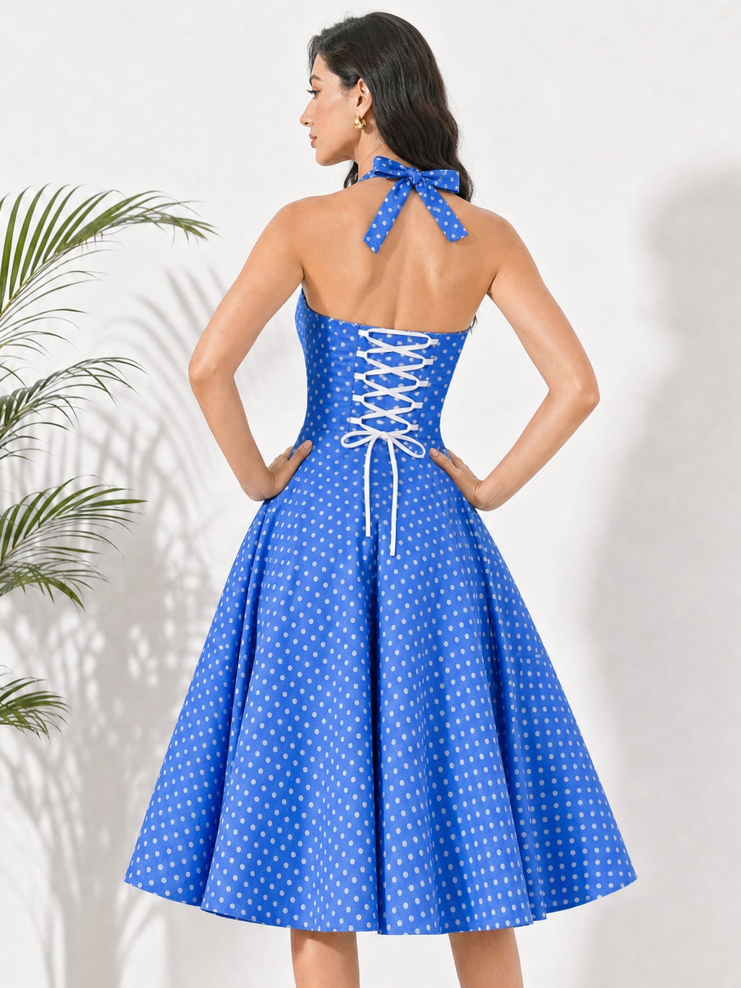 Vintage Polka Dot Halter Neck Backless Swing Dress