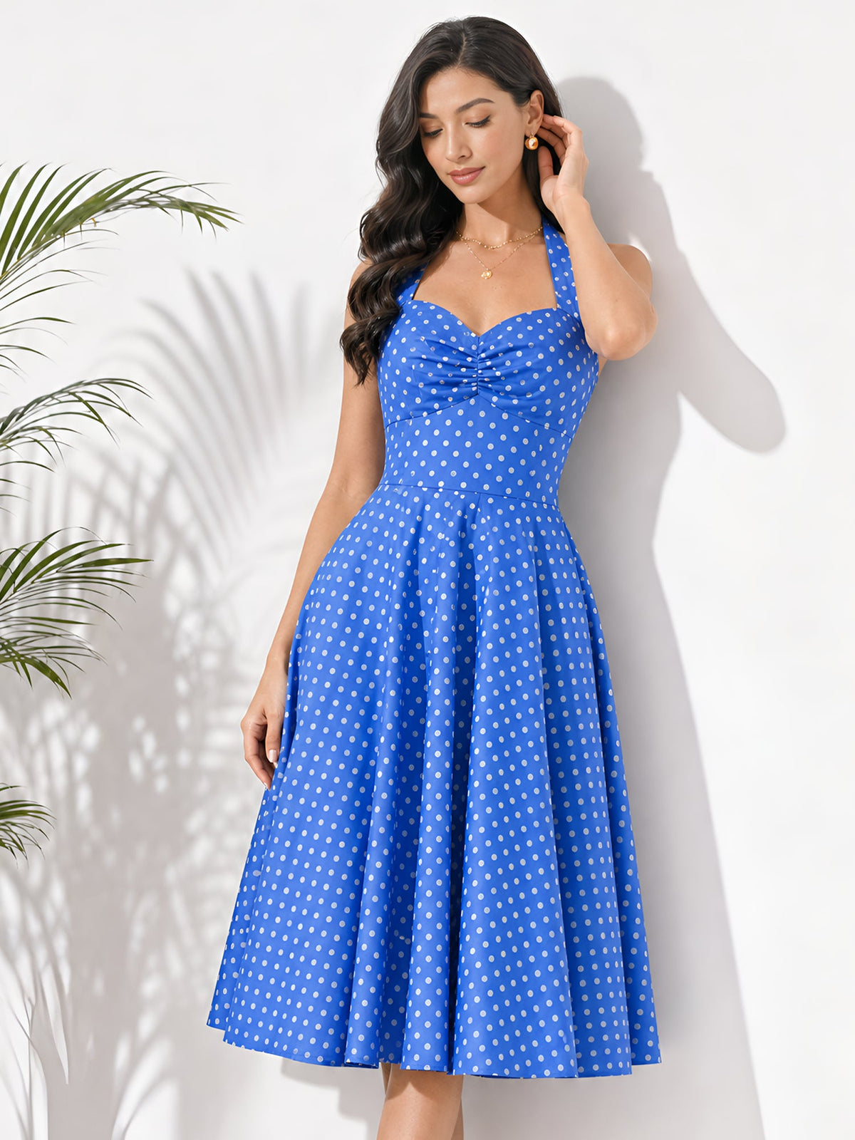 Vintage Polka Dot Halter Neck Backless Swing Dress