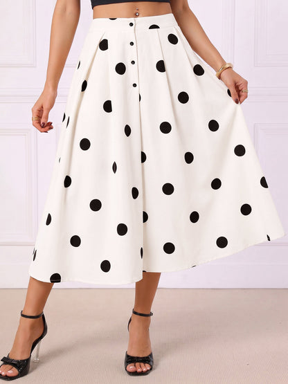 Polka Dots High Waist Buttoned A-Line Midi Skirt