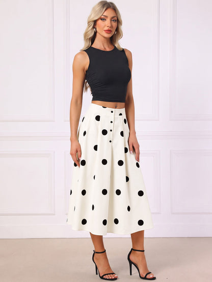 Polka Dots High Waist Buttoned A-Line Midi Skirt