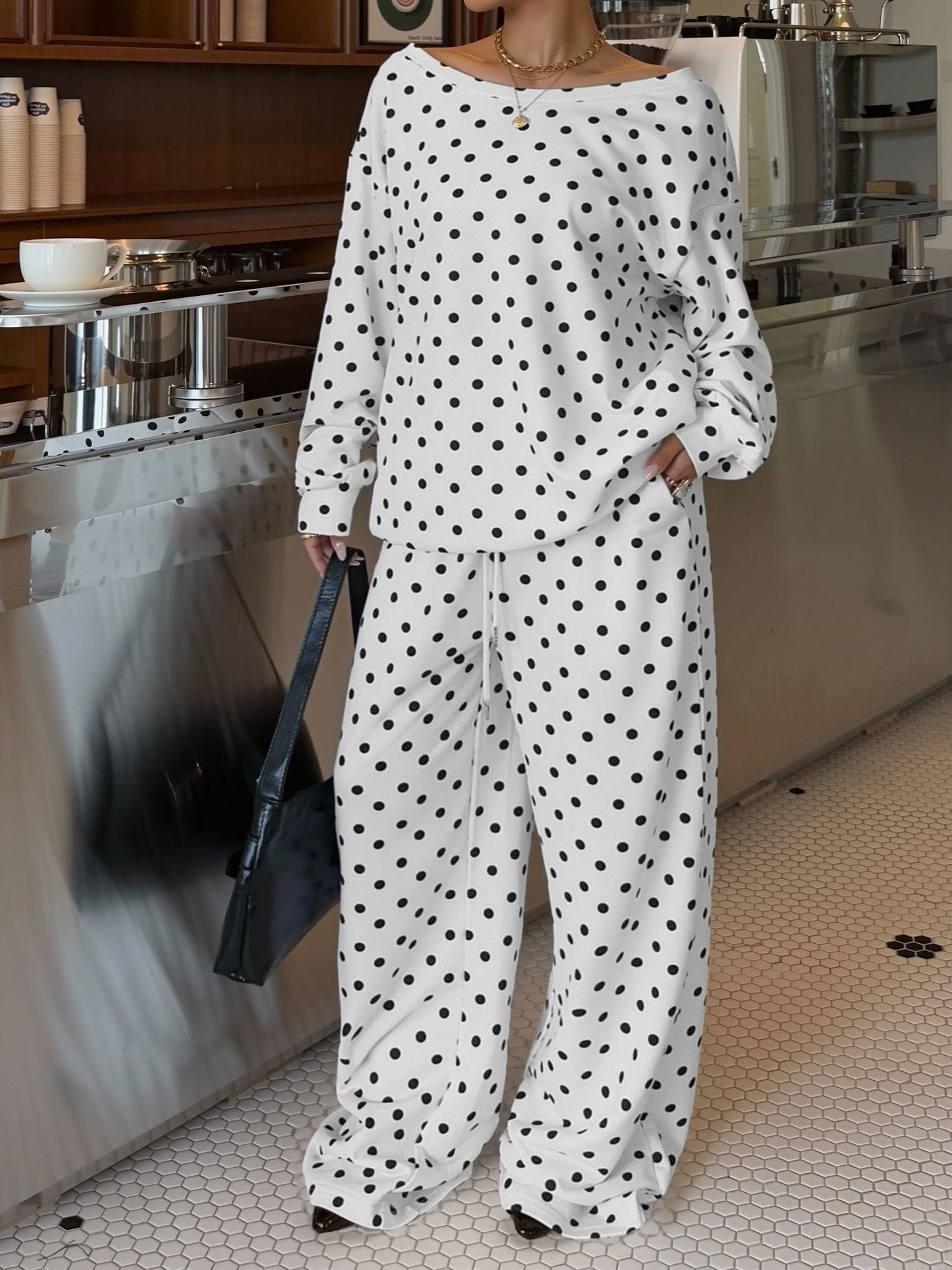 2 Pieces Polka Dots Print Casual Long Sleeve Sweatshirt and Trousers Pants Matching Set