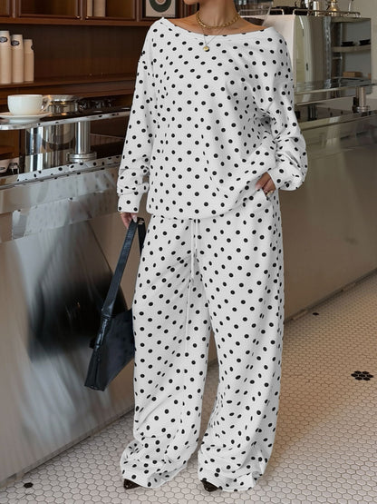 2 Pieces Polka Dots Print Casual Long Sleeve Sweatshirt and Trousers Pants Matching Set