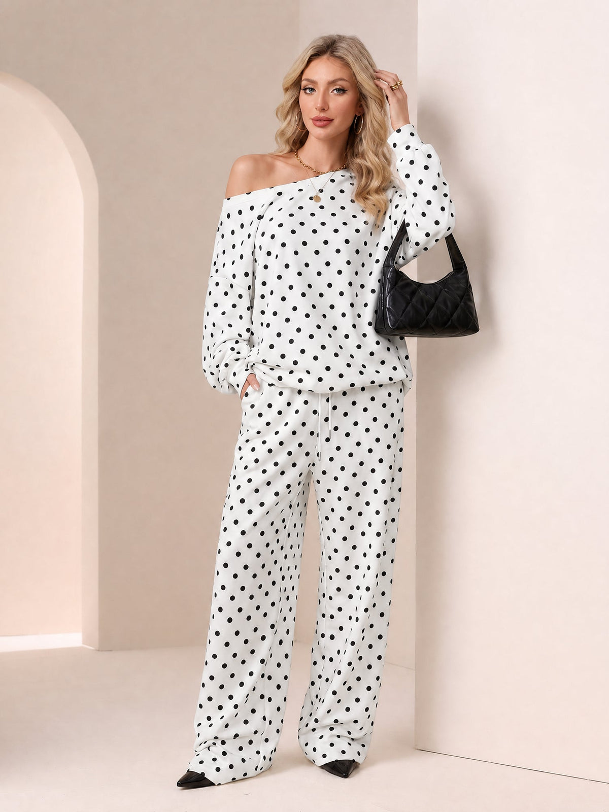 2 Pieces Polka Dots Print Casual Long Sleeve Sweatshirt and Trousers Pants Matching Set