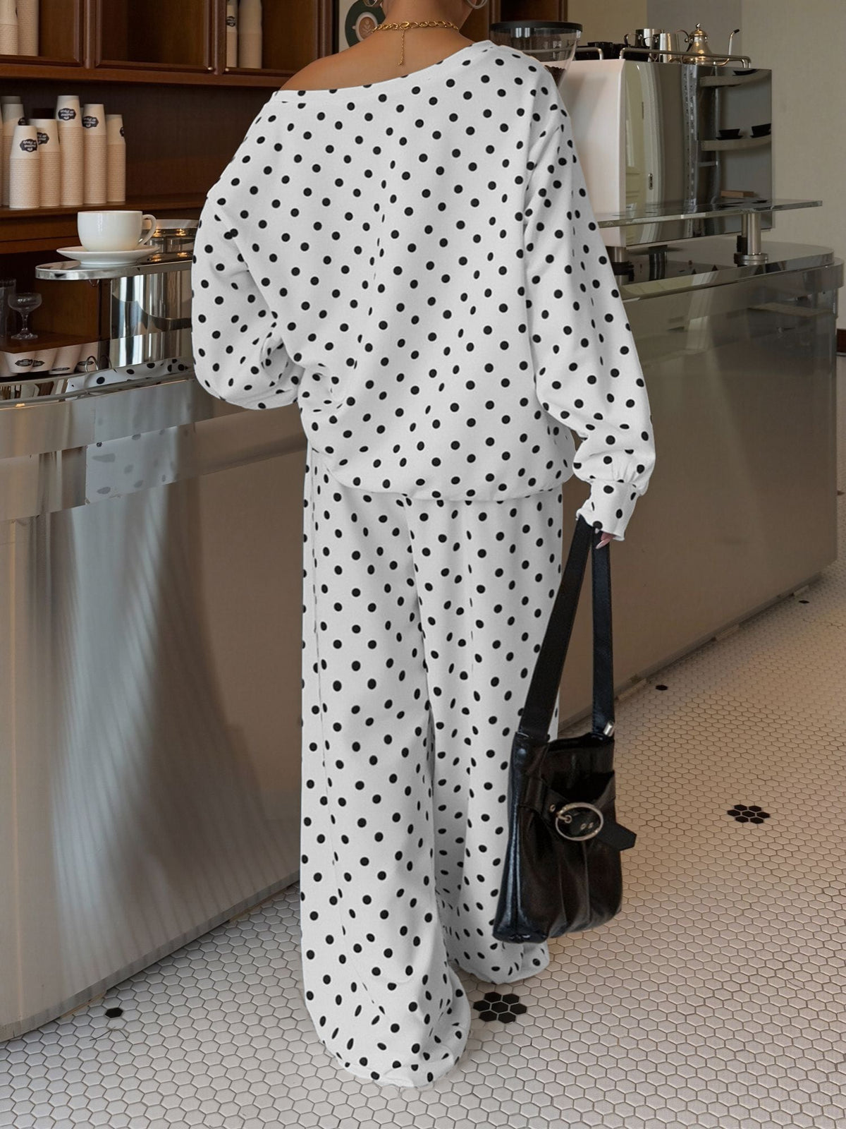2 Pieces Polka Dots Print Casual Long Sleeve Sweatshirt and Trousers Pants Matching Set