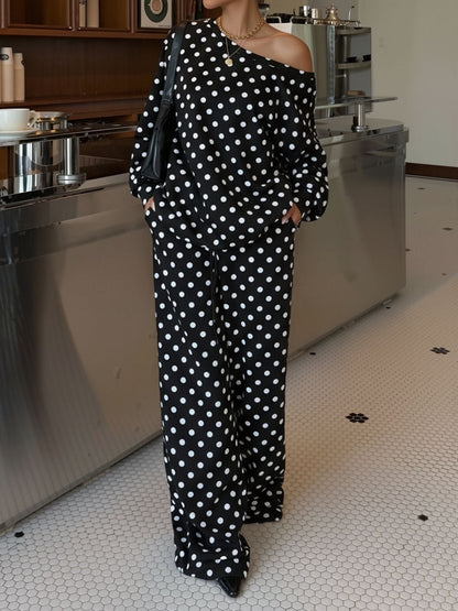 2 Pieces Polka Dots Print Casual Long Sleeve Sweatshirt and Trousers Pants Matching Set