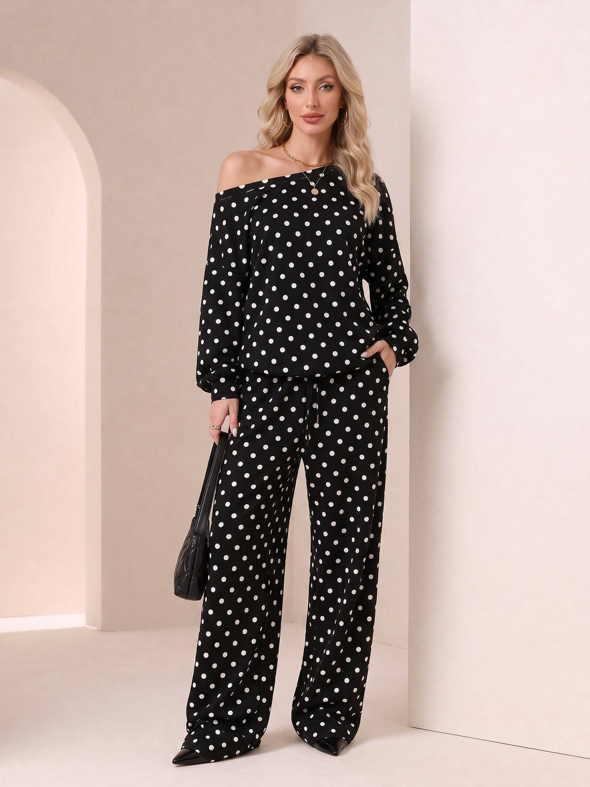 2 Pieces Polka Dots Print Casual Long Sleeve Sweatshirt and Trousers Pants Matching Set