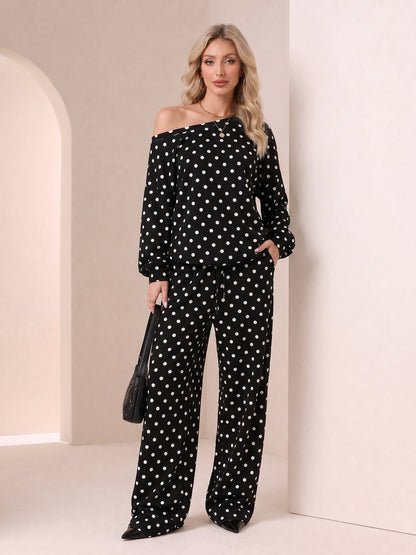 2 Pieces Polka Dots Print Casual Long Sleeve Sweatshirt and Trousers Pants Matching Set