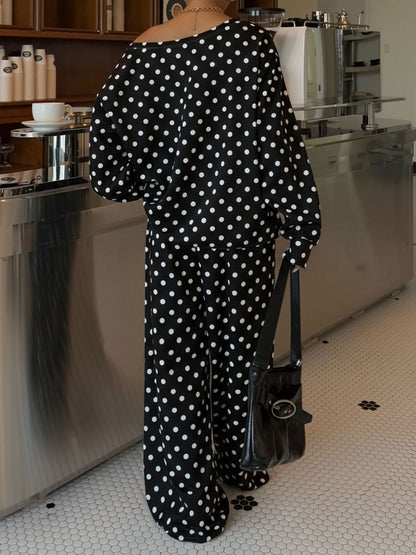2 Pieces Polka Dots Print Casual Long Sleeve Sweatshirt and Trousers Pants Matching Set