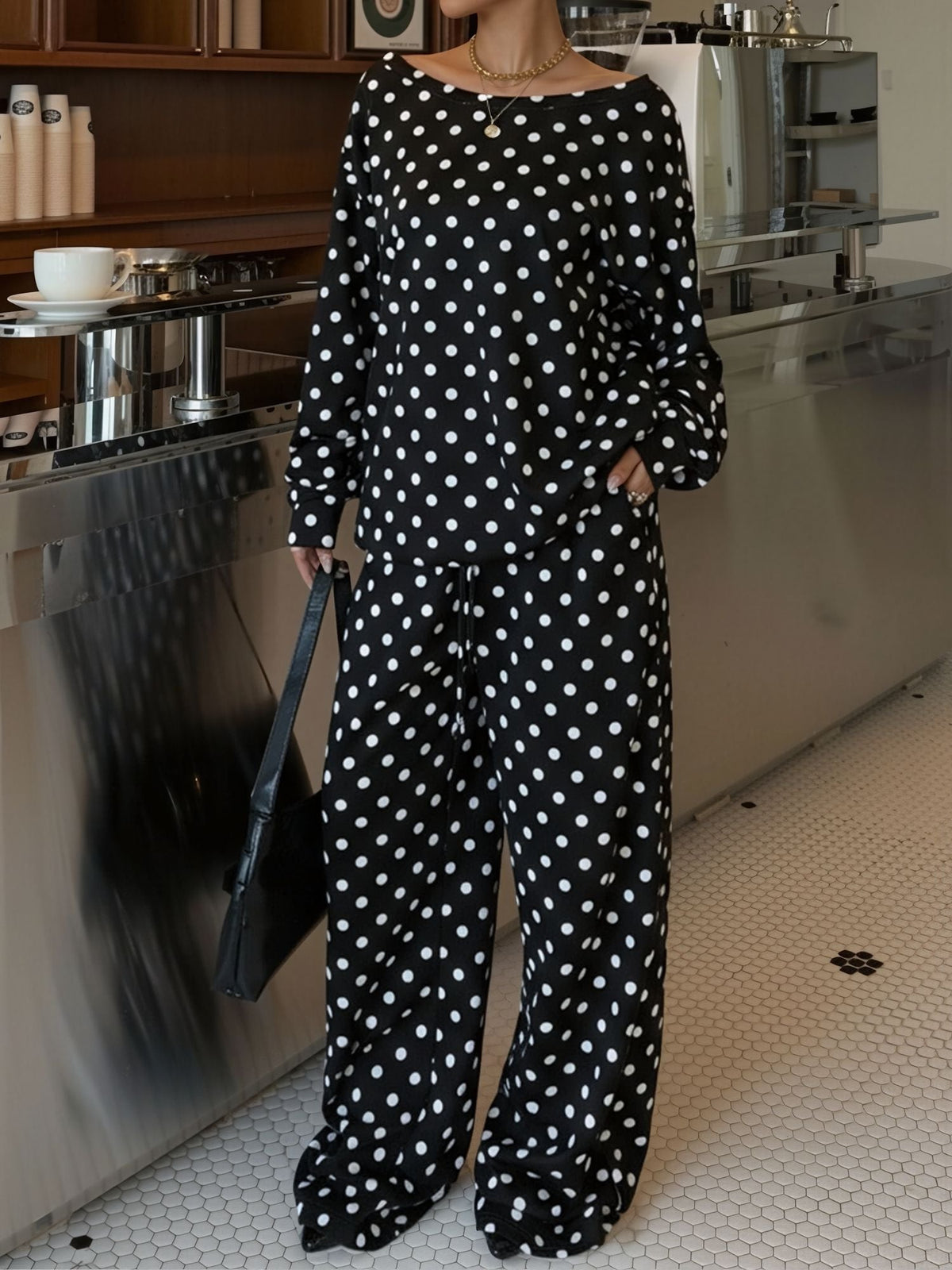 2 Pieces Polka Dots Print Casual Long Sleeve Sweatshirt and Trousers Pants Matching Set