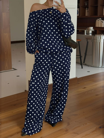 2 Pieces Polka Dots Print Casual Long Sleeve Sweatshirt and Trousers Pants Matching Set