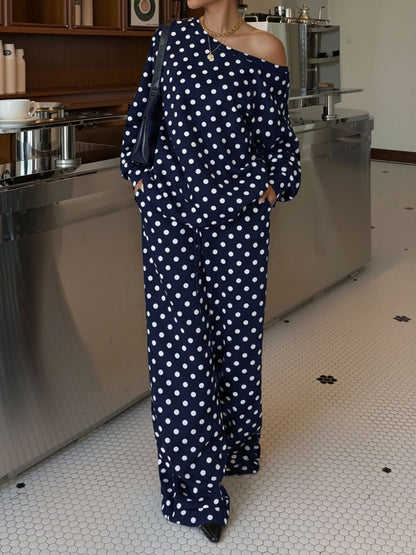 2 Pieces Polka Dots Print Casual Long Sleeve Sweatshirt and Trousers Pants Matching Set
