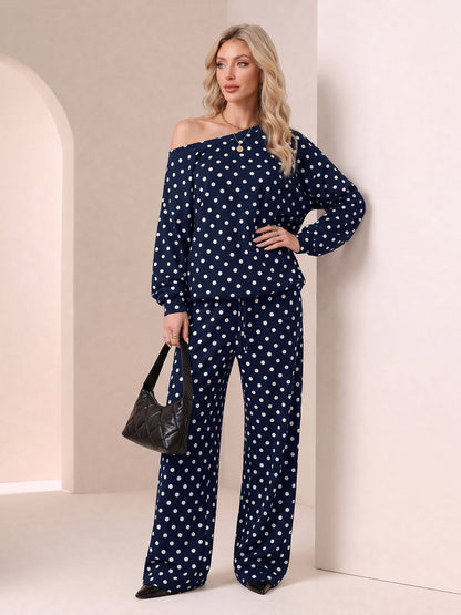 2 Pieces Polka Dots Print Casual Long Sleeve Sweatshirt and Trousers Pants Matching Set