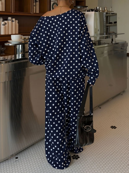 2 Pieces Polka Dots Print Casual Long Sleeve Sweatshirt and Trousers Pants Matching Set