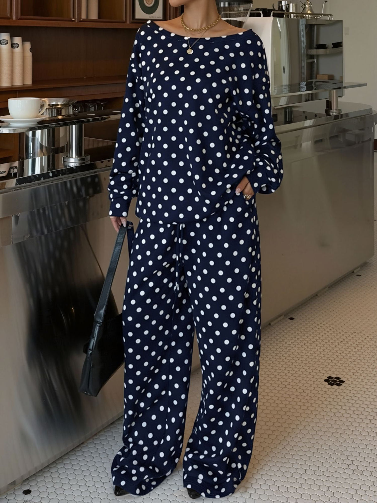 2 Pieces Polka Dots Print Casual Long Sleeve Sweatshirt and Trousers Pants Matching Set