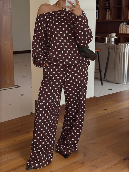 2 Pieces Polka Dots Print Casual Long Sleeve Sweatshirt and Trousers Pants Matching Set