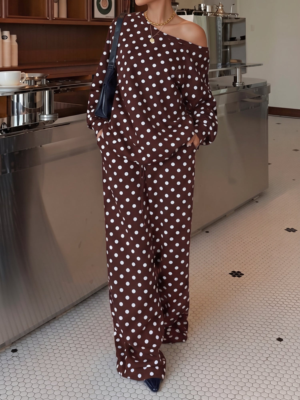 2 Pieces Polka Dots Print Casual Long Sleeve Sweatshirt and Trousers Pants Matching Set