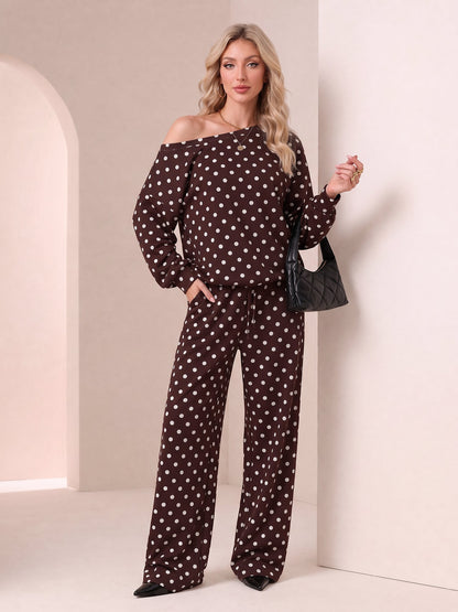 2 Pieces Polka Dots Print Casual Long Sleeve Sweatshirt and Trousers Pants Matching Set