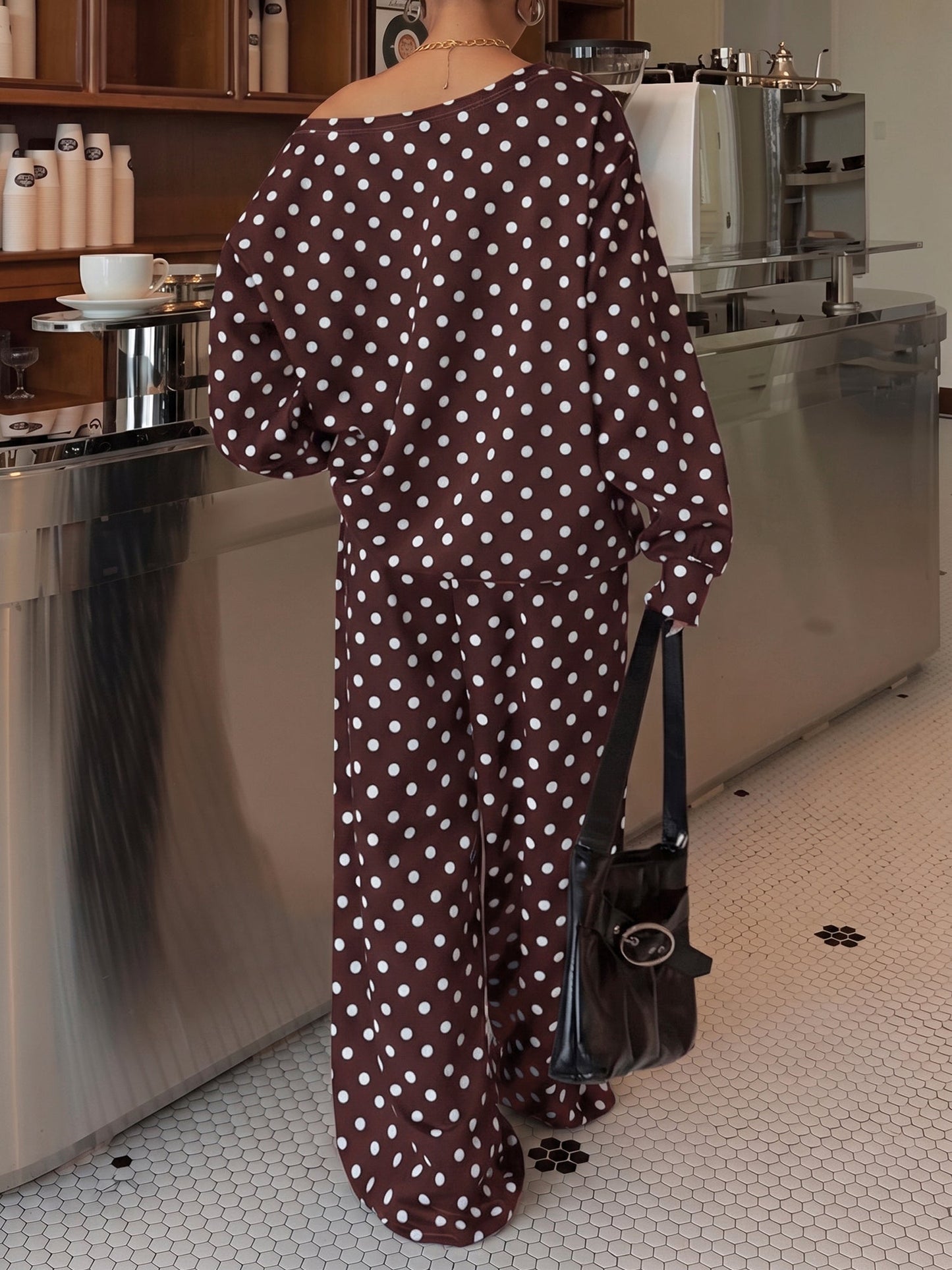 2 Pieces Polka Dots Print Casual Long Sleeve Sweatshirt and Trousers Pants Matching Set