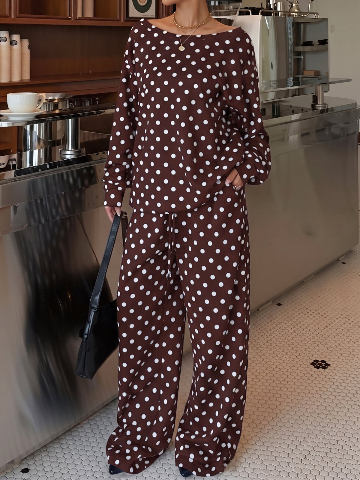 2 Pieces Polka Dots Print Casual Long Sleeve Sweatshirt and Trousers Pants Matching Set