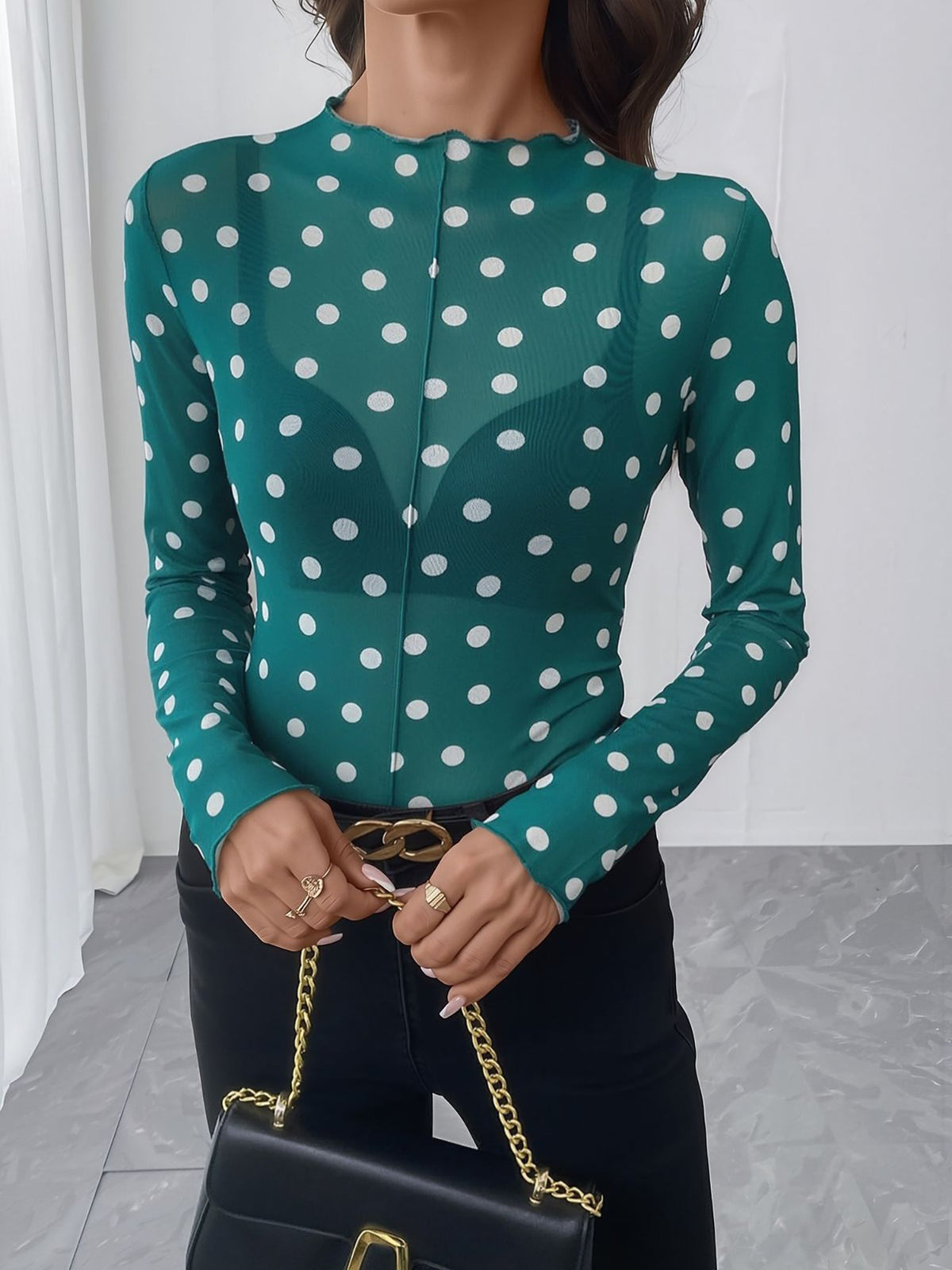 Mock Neck Sheer Polka Dot Long Sleeve Blouse