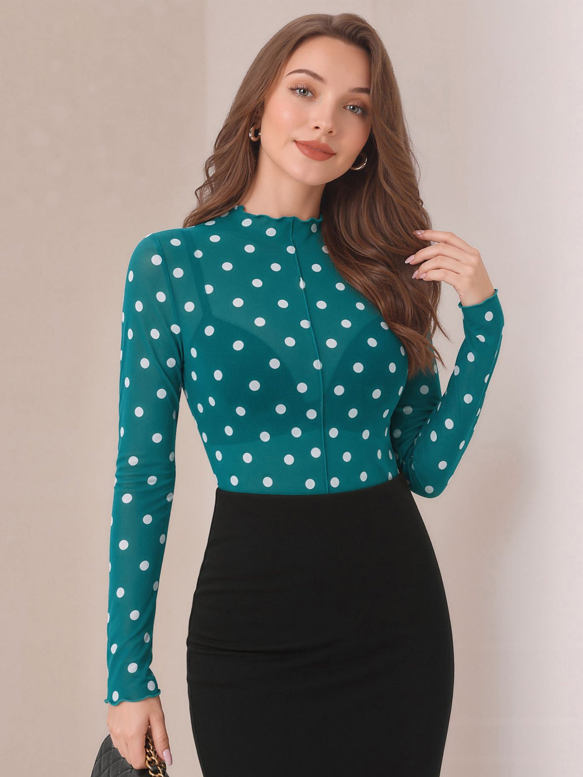 Mock Neck Sheer Polka Dot Long Sleeve Blouse