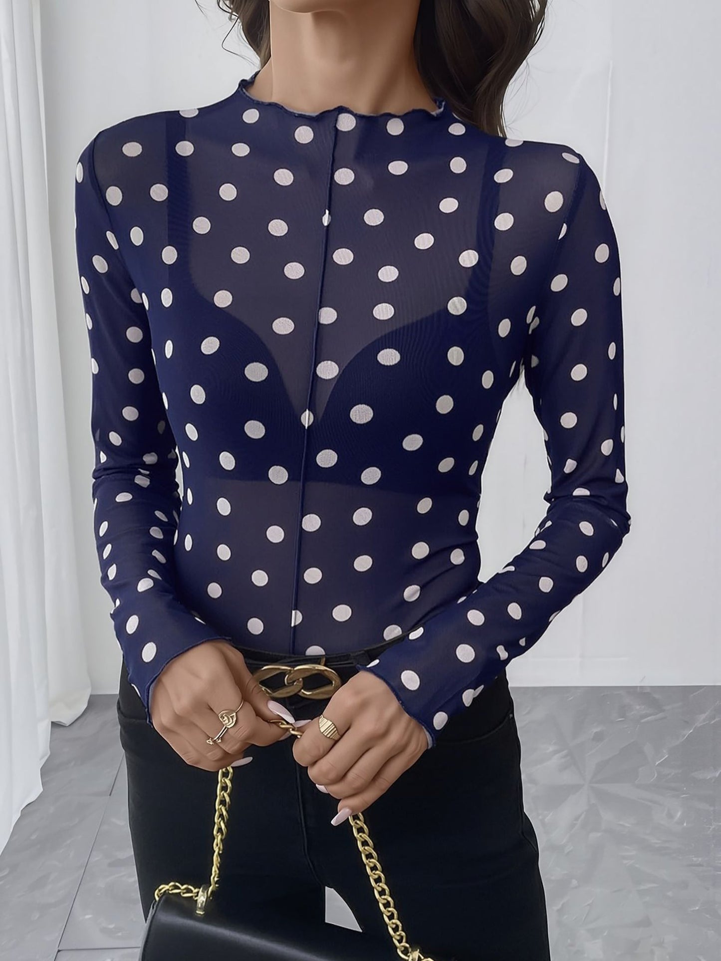 Mock Neck Sheer Polka Dot Long Sleeve Blouse