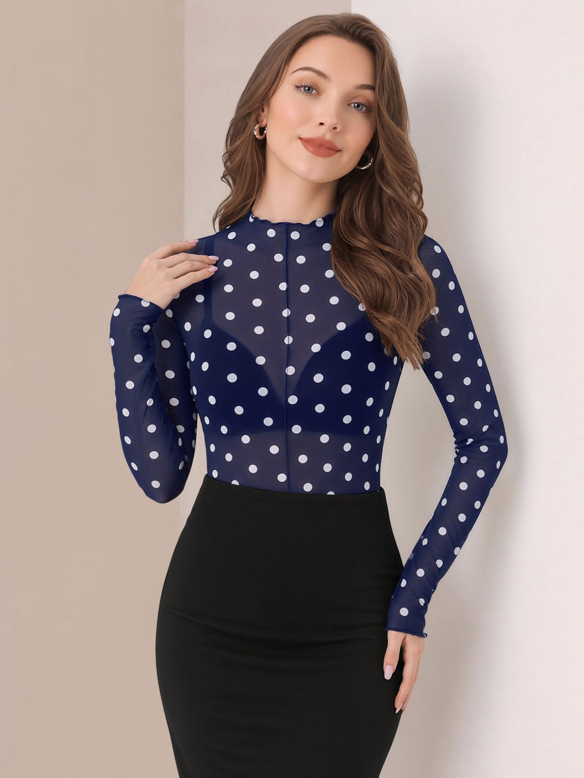 Mock Neck Sheer Polka Dot Long Sleeve Blouse