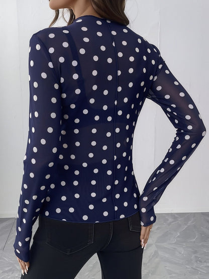 Mock Neck Sheer Polka Dot Long Sleeve Blouse