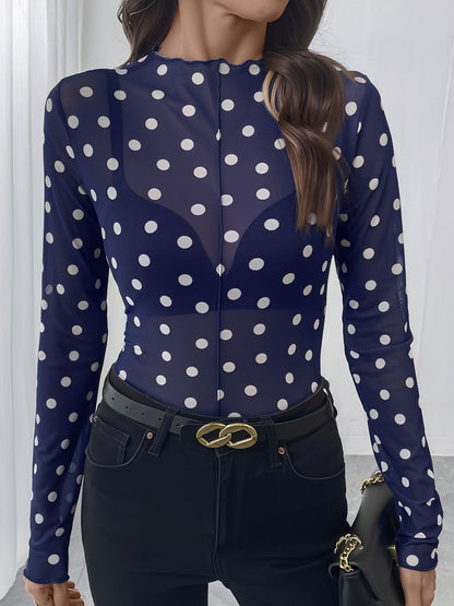 Mock Neck Sheer Polka Dot Long Sleeve Blouse