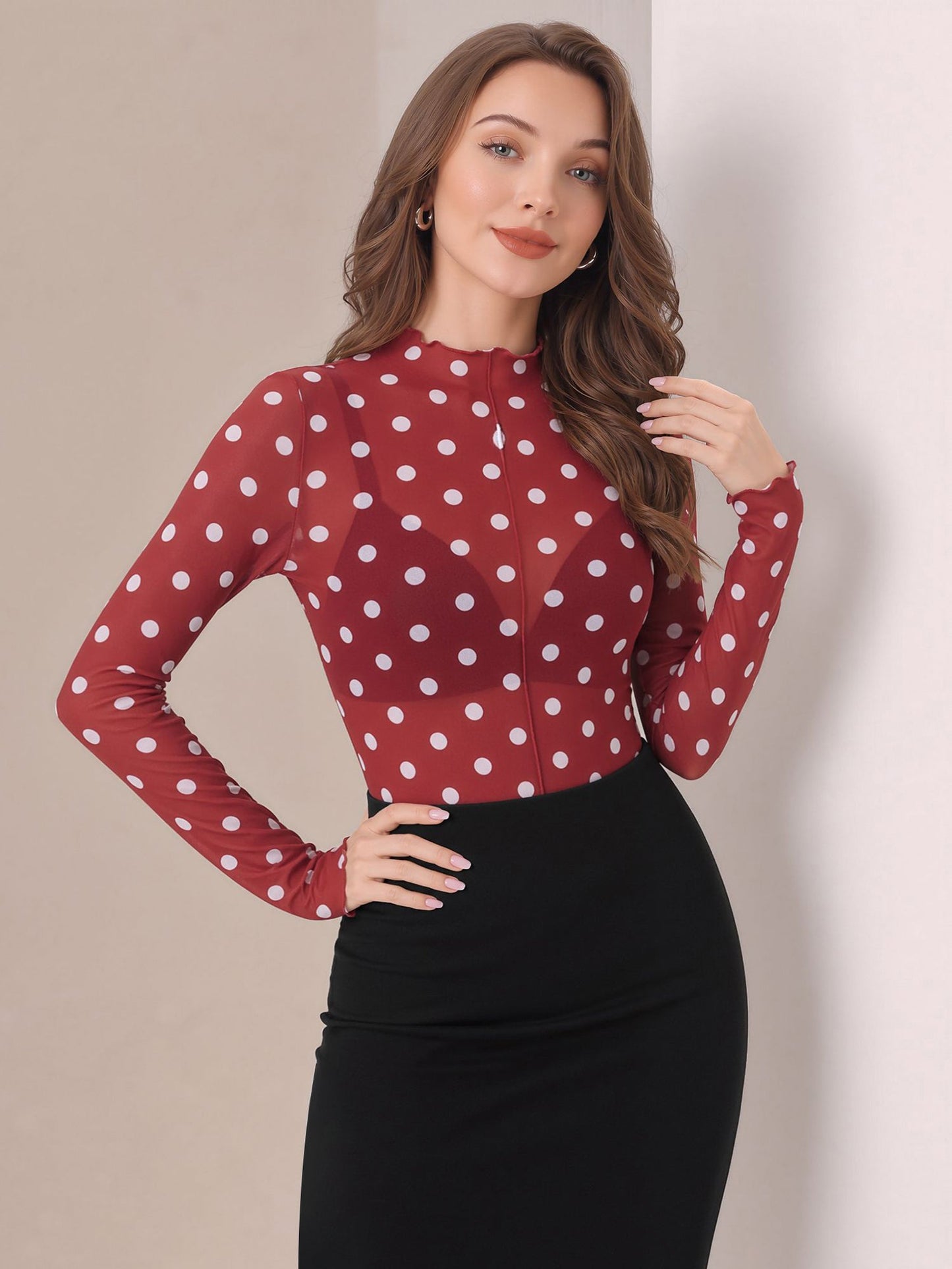 Mock Neck Sheer Polka Dot Long Sleeve Blouse