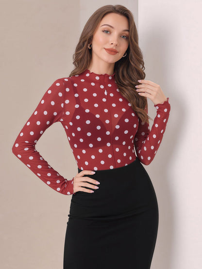 Mock Neck Sheer Polka Dot Long Sleeve Blouse
