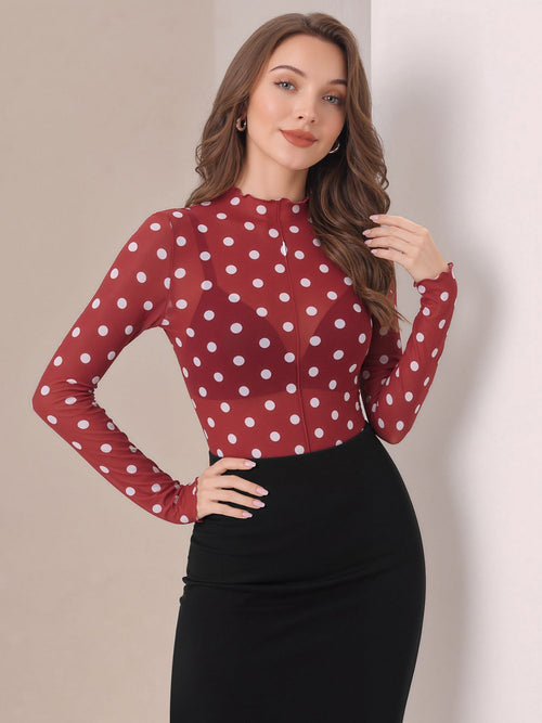 Mock Neck Sheer Polka Dot Long Sleeve Blouse