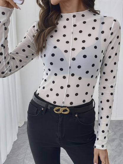 Mock Neck Sheer Polka Dot Long Sleeve Blouse