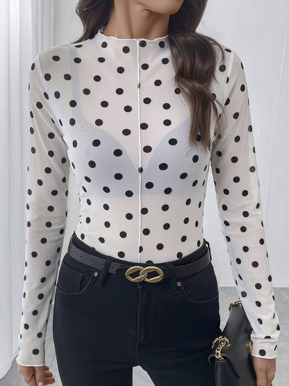 Mock Neck Sheer Polka Dot Long Sleeve Blouse