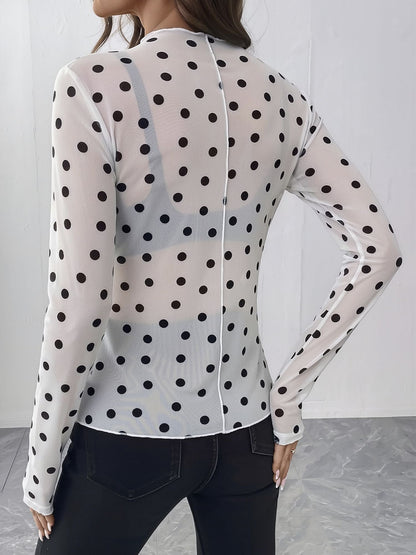 Mock Neck Sheer Polka Dot Long Sleeve Blouse