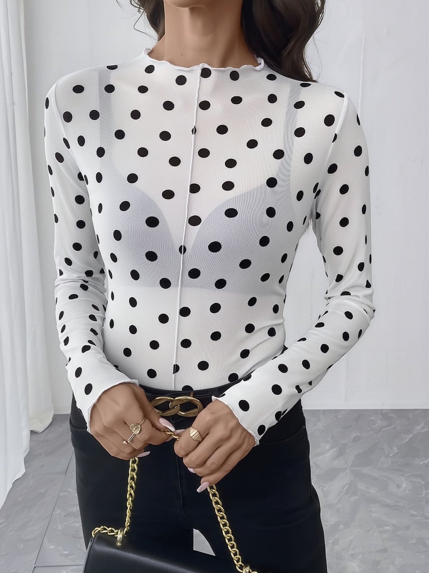 Mock Neck Sheer Polka Dot Long Sleeve Blouse