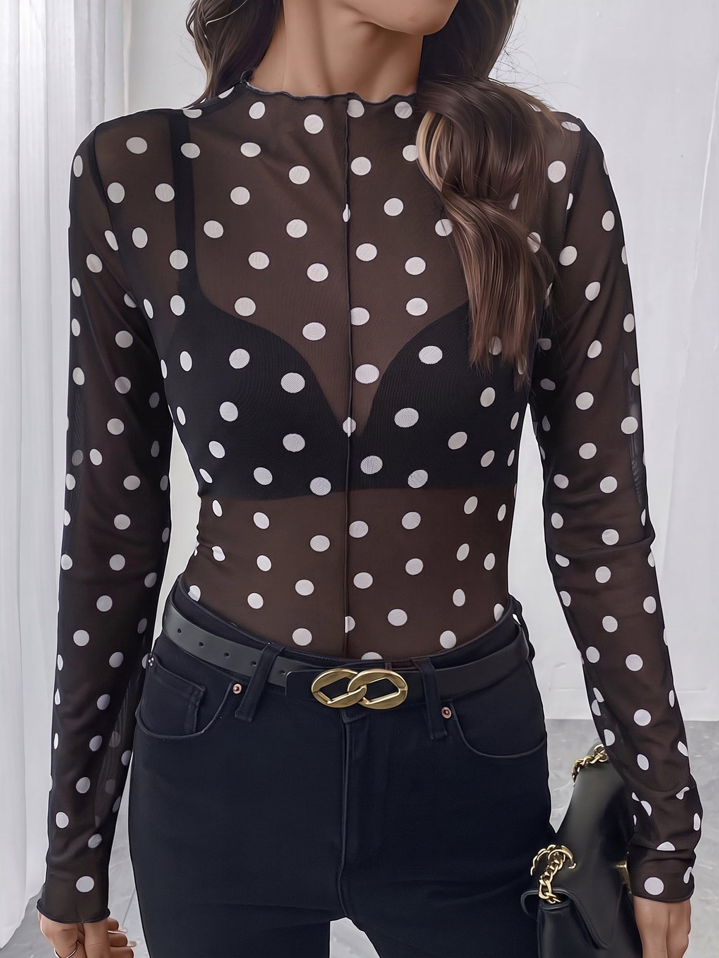Mock Neck Sheer Polka Dot Long Sleeve Blouse