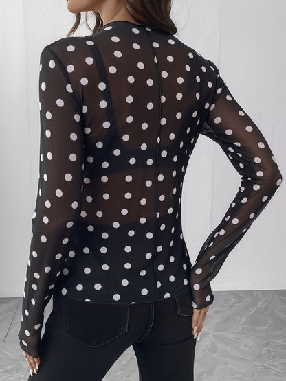 Mock Neck Sheer Polka Dot Long Sleeve Blouse