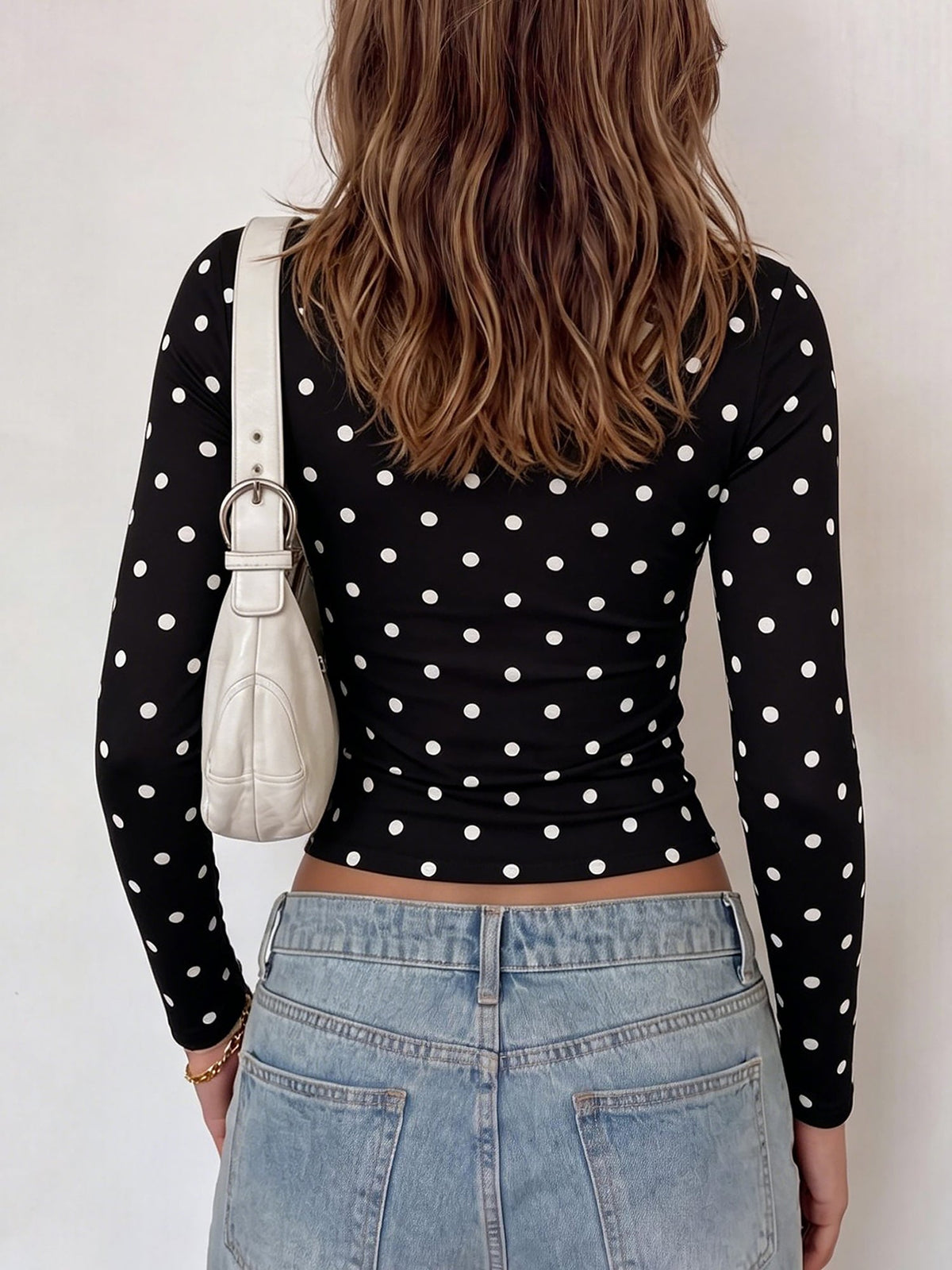 Crew Neck Long Sleeve Polka Dot Slim Fit T-Shirt