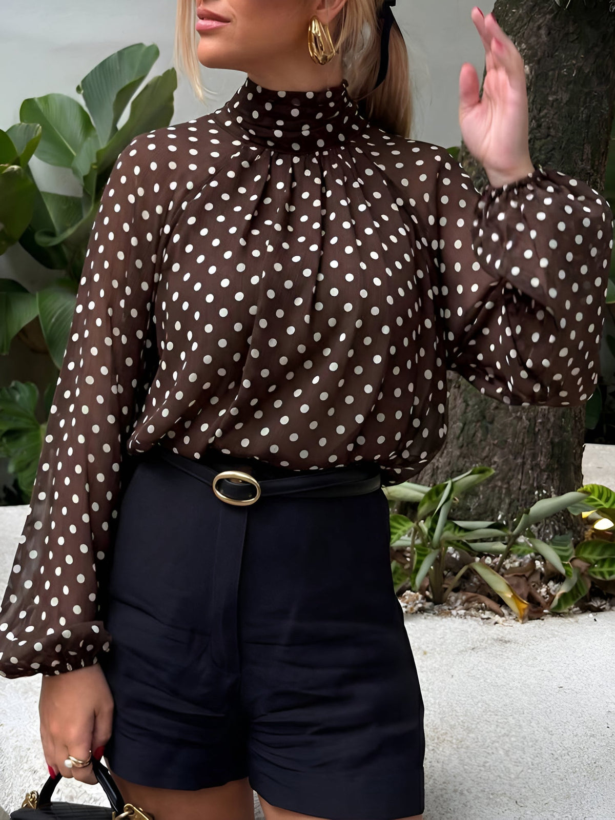 Polka Dots Mesh Mock Neck Lantern Sleeves Blouse
