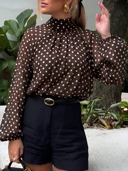 Polka Dots Mesh Mock Neck Lantern Sleeves Blouse