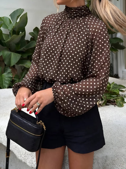 Polka Dots Mesh Mock Neck Lantern Sleeves Blouse