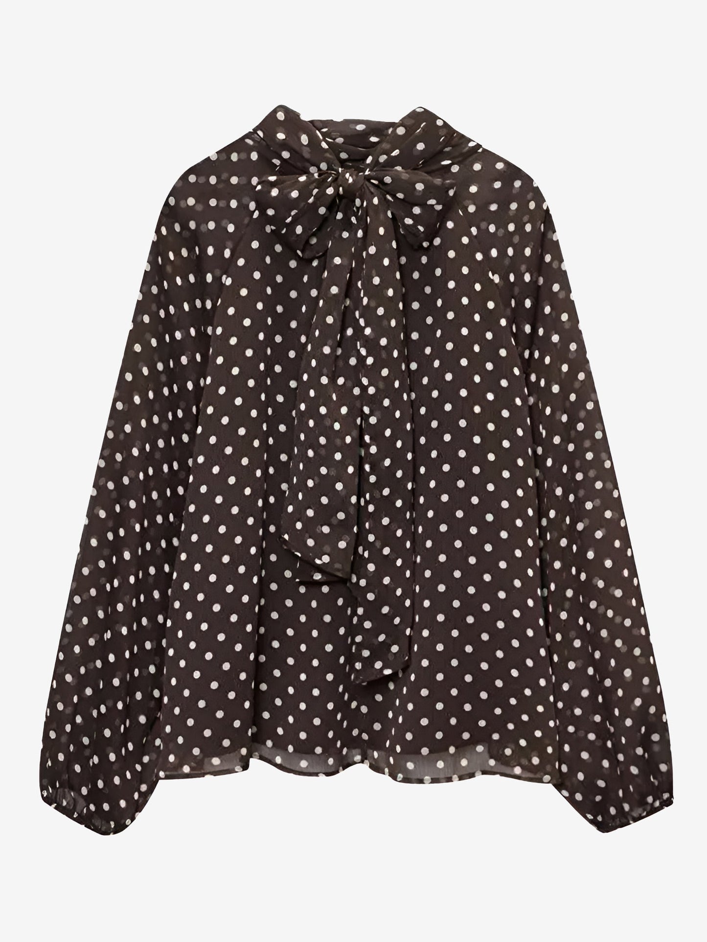 Polka Dots Mesh Mock Neck Lantern Sleeves Blouse