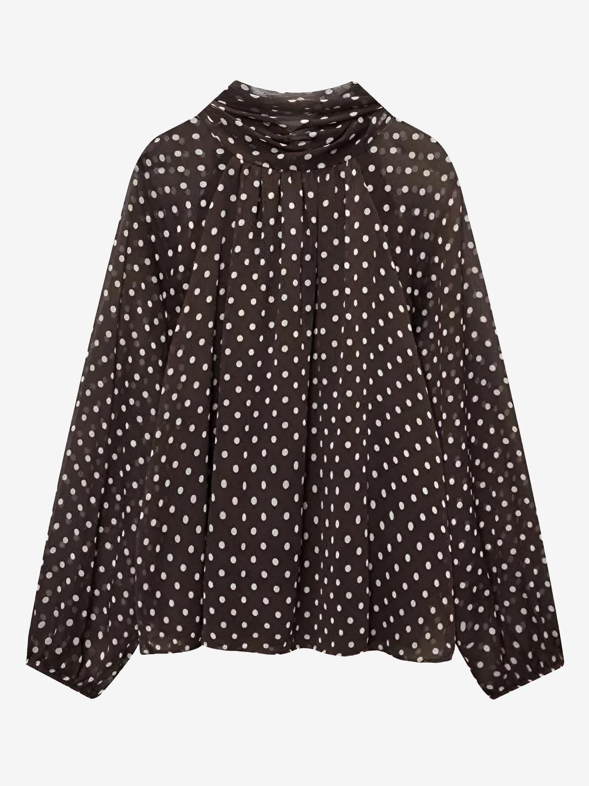 Polka Dots Mesh Mock Neck Lantern Sleeves Blouse